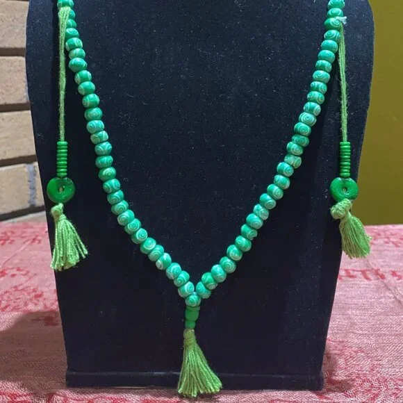 Water Buffalo Bone Etched Mandala Mala - Green - Picture 3 of 3
